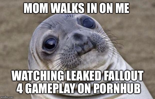 Awkward Moment Sealion Meme | MOM WALKS IN ON ME WATCHING LEAKED FALLOUT 4 GAMEPLAY ON PORNHUB | image tagged in memes,awkward moment sealion | made w/ Imgflip meme maker