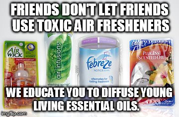 No toxins | FRIENDS DON'T LET FRIENDS USE TOXIC AIR FRESHENERS WE EDUCATE YOU TO DIFFUSE YOUNG LIVING ESSENTIAL OILS. | image tagged in essential oils,air freshener | made w/ Imgflip meme maker