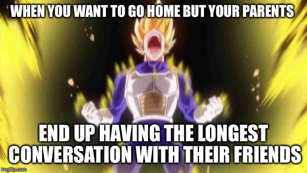 vegeta | WHEN YOU WANT TO GO HOME BUT YOUR PARENTS END UP HAVING THE LONGEST CONVERSATION WITH THEIR FRIENDS | image tagged in vegeta | made w/ Imgflip meme maker