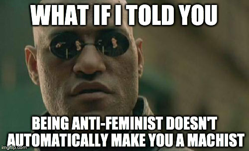 Matrix Morpheus | WHAT IF I TOLD YOU BEING ANTI-FEMINIST DOESN'T AUTOMATICALLY MAKE YOU A MACHIST | image tagged in memes,matrix morpheus | made w/ Imgflip meme maker