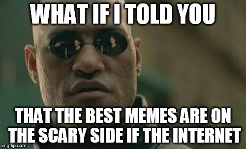 Matrix Morpheus | WHAT IF I TOLD YOU THAT THE BEST MEMES ARE ON THE SCARY SIDE IF THE INTERNET | image tagged in memes,matrix morpheus | made w/ Imgflip meme maker