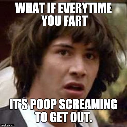 Conspiracy Keanu Meme | WHAT IF EVERYTIME YOU FART IT'S POOP SCREAMING TO GET OUT. | image tagged in memes,conspiracy keanu | made w/ Imgflip meme maker