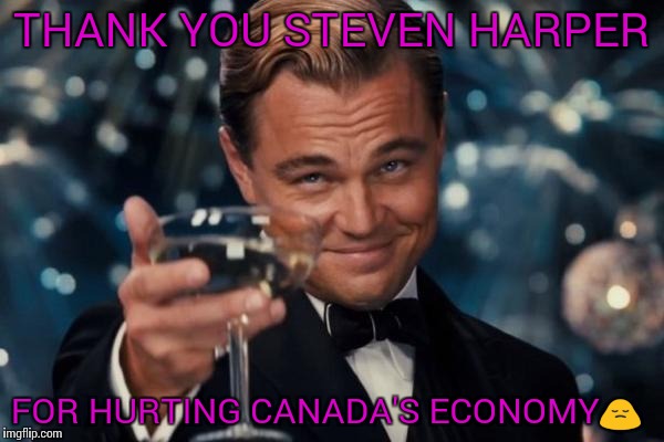 Leonardo Dicaprio Cheers | THANK YOU STEVEN HARPER FOR HURTING CANADA'S ECONOMY | image tagged in memes,leonardo dicaprio cheers | made w/ Imgflip meme maker