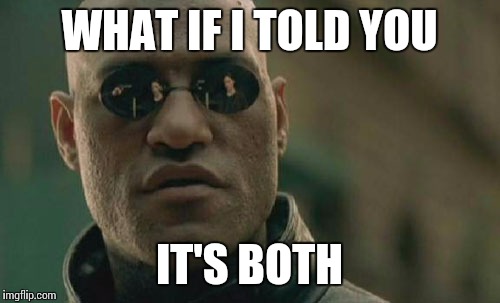 Matrix Morpheus Meme | WHAT IF I TOLD YOU IT'S BOTH | image tagged in memes,matrix morpheus | made w/ Imgflip meme maker