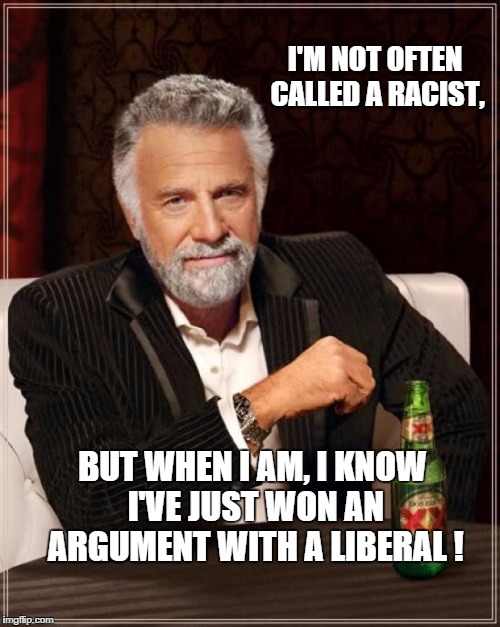 The Most Interesting Man In The World | I'M NOT OFTEN CALLED A RACIST, BUT WHEN I AM, I KNOW I'VE JUST WON AN ARGUMENT WITH A LIBERAL ! | image tagged in memes,the most interesting man in the world | made w/ Imgflip meme maker