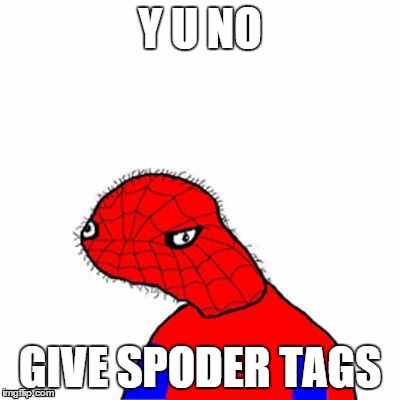 spoderman | Y U NO GIVE SPODER TAGS | image tagged in spoderman | made w/ Imgflip meme maker