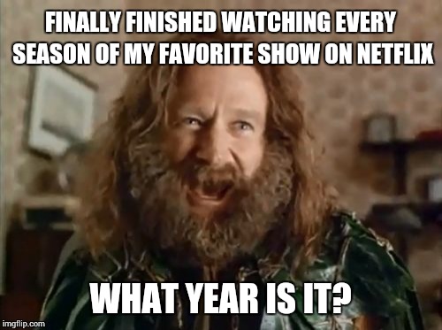 What Year Is It | FINALLY FINISHED WATCHING EVERY SEASON OF MY FAVORITE SHOW ON NETFLIX WHAT YEAR IS IT? | image tagged in memes,what year is it | made w/ Imgflip meme maker