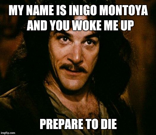 Inigo Montoya | MY NAME IS INIGO MONTOYA 
AND YOU WOKE ME UP PREPARE TO DIE | image tagged in memes,inigo montoya | made w/ Imgflip meme maker