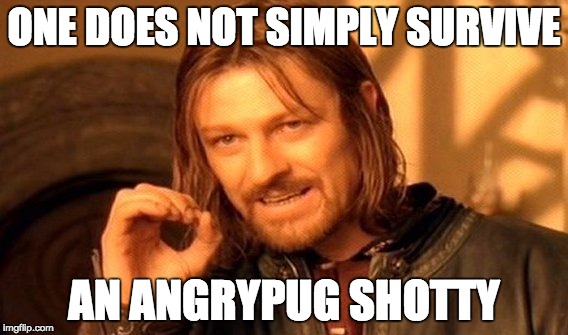 One Does Not Simply | ONE DOES NOT SIMPLY SURVIVE AN ANGRYPUG SHOTTY | image tagged in memes,one does not simply | made w/ Imgflip meme maker
