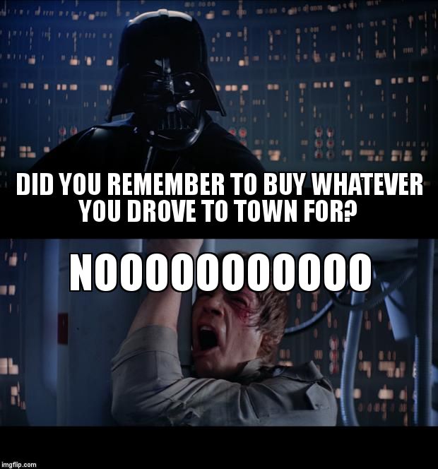 Star Wars No Meme | DID YOU REMEMBER TO BUY WHATEVER YOU DROVE TO TOWN FOR? NOOOOOOOOOOO | image tagged in memes,star wars no | made w/ Imgflip meme maker