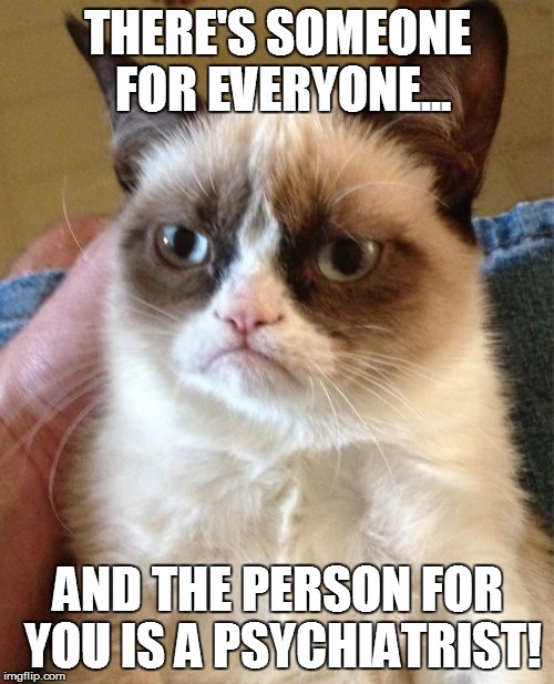 Grumpy Cat Meme | THERE'S SOMEONE FOR EVERYONE... AND THE PERSON FOR YOU IS A PSYCHIATRIST! | image tagged in memes,grumpy cat | made w/ Imgflip meme maker