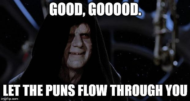 sith lord | GOOD, GOOOOD. LET THE PUNS FLOW THROUGH YOU | image tagged in sith lord | made w/ Imgflip meme maker