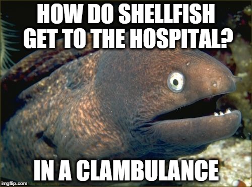 Bad Joke Eel | HOW DO SHELLFISH GET TO THE HOSPITAL? IN A CLAMBULANCE | image tagged in memes,bad joke eel | made w/ Imgflip meme maker