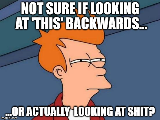 Futurama Fry Meme | NOT SURE IF LOOKING AT 'THIS' BACKWARDS... ...OR ACTUALLY  LOOKING AT SHIT? | image tagged in memes,futurama fry | made w/ Imgflip meme maker