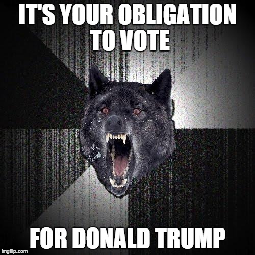 Try telling people this. | IT'S YOUR OBLIGATION TO VOTE FOR DONALD TRUMP | image tagged in memes,insanity wolf | made w/ Imgflip meme maker