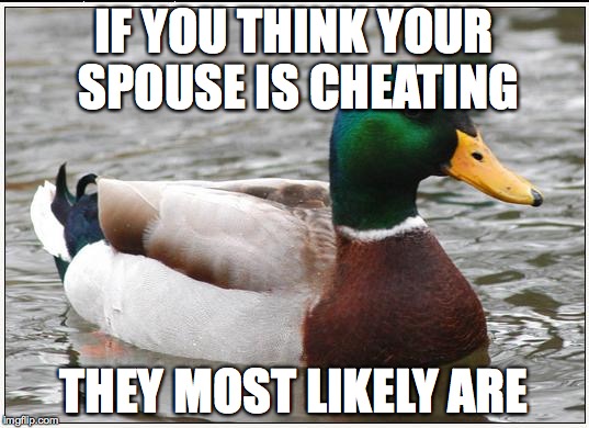 Actual Advice Mallard | IF YOU THINK YOUR SPOUSE IS CHEATING THEY MOST LIKELY ARE | image tagged in memes,actual advice mallard | made w/ Imgflip meme maker