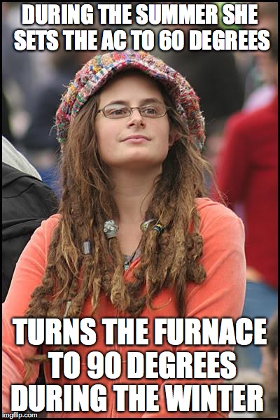 College Hypocrite  | DURING THE SUMMER SHE SETS THE AC TO 60 DEGREES TURNS THE FURNACE TO 90 DEGREES DURING THE WINTER | image tagged in memes,college liberal | made w/ Imgflip meme maker