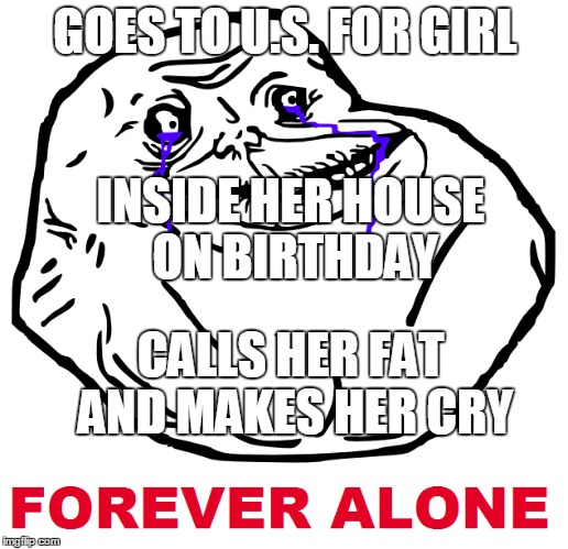 Got Game? W.I.M. | GOES TO U.S. FOR GIRL INSIDE HER HOUSE ON BIRTHDAY CALLS HER FAT AND MAKES HER CRY | image tagged in forever alone,birthday,wim,forever alone birthday edition | made w/ Imgflip meme maker
