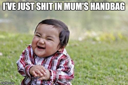Evil Toddler | I'VE JUST SHIT IN MUM'S HANDBAG | image tagged in memes,evil toddler | made w/ Imgflip meme maker