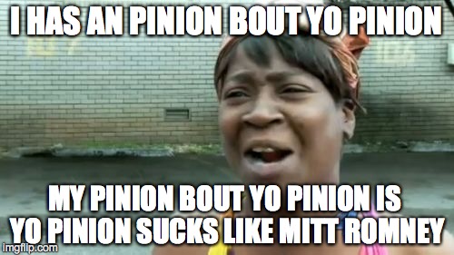 Ain't Nobody Got Time For That Meme | I HAS AN PINION BOUT YO PINION MY PINION BOUT YO PINION IS YO PINION SUCKS LIKE MITT ROMNEY | image tagged in memes,aint nobody got time for that | made w/ Imgflip meme maker