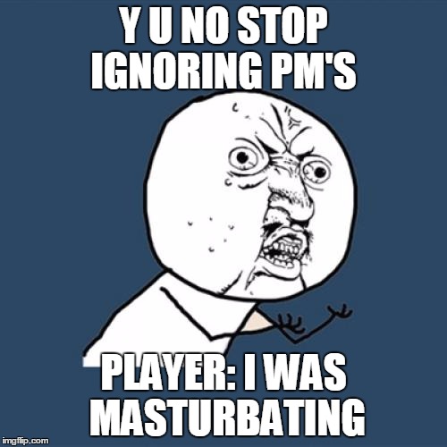 Y U No Meme | Y U NO STOP IGNORING PM'S PLAYER: I WAS MASTURBATING | image tagged in memes,y u no | made w/ Imgflip meme maker