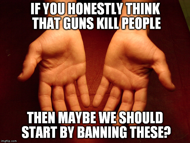 IF YOU HONESTLY THINK THAT GUNS KILL PEOPLE THEN MAYBE WE SHOULD START BY BANNING THESE? | image tagged in open hands | made w/ Imgflip meme maker