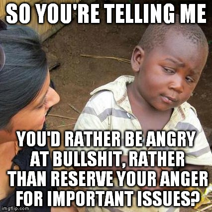 Third World Skeptical Kid Meme | SO YOU'RE TELLING ME YOU'D RATHER BE ANGRY AT BULLSHIT, RATHER THAN RESERVE YOUR ANGER FOR IMPORTANT ISSUES? | image tagged in memes,third world skeptical kid | made w/ Imgflip meme maker