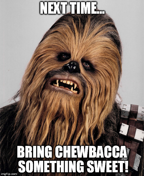 NEXT TIME... BRING CHEWBACCA SOMETHING SWEET! | image tagged in chewbacca upset | made w/ Imgflip meme maker