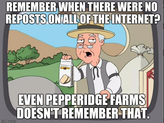 Pepperidge farms | REMEMBER WHEN THERE WERE NO REPOSTS ON ALL OF THE INTERNET? EVEN PEPPERIDGE FARMS DOESN'T REMEMBER THAT. | image tagged in pepperidge farms | made w/ Imgflip meme maker