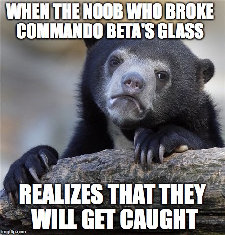 Confession Bear Meme | WHEN THE NOOB WHO BROKE COMMANDO BETA'S GLASS REALIZES THAT THEY WILL GET CAUGHT | image tagged in memes,confession bear | made w/ Imgflip meme maker