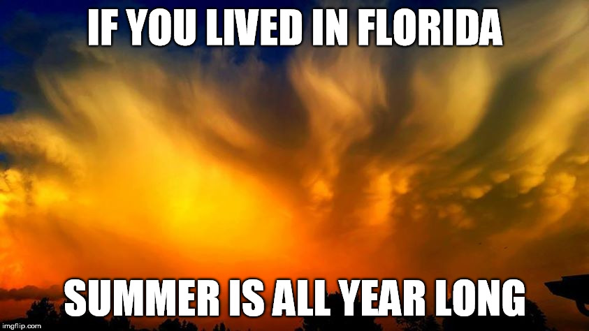 Florida Sunset | IF YOU LIVED IN FLORIDA SUMMER IS ALL YEAR LONG | image tagged in florida,sunset,summer,clouds | made w/ Imgflip meme maker