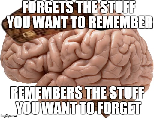 FORGETS THE STUFF YOU WANT TO REMEMBER REMEMBERS THE STUFF YOU WANT TO FORGET | image tagged in scumbag | made w/ Imgflip meme maker