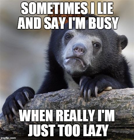 Confession Bear | SOMETIMES I LIE AND SAY I'M BUSY WHEN REALLY I'M JUST TOO LAZY | image tagged in memes,confession bear,scumbag | made w/ Imgflip meme maker