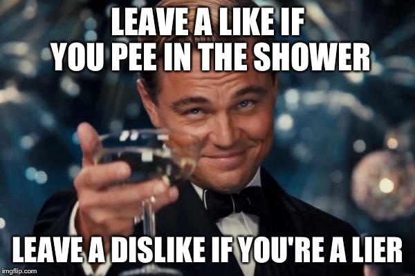 I need to prove a point to a friend | LEAVE A LIKE IF YOU PEE IN THE SHOWER LEAVE A DISLIKE IF YOU'RE A LIER | image tagged in memes,leonardo dicaprio cheers | made w/ Imgflip meme maker