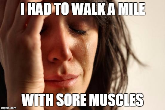 First World Problems Meme | I HAD TO WALK A MILE WITH SORE MUSCLES | image tagged in memes,first world problems | made w/ Imgflip meme maker