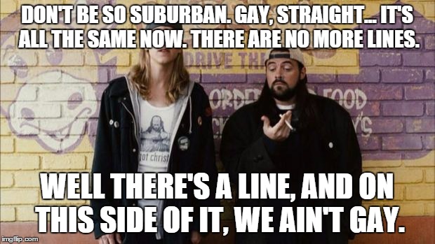 Probably one of the best quotes to sum up the world nowadays | DON'T BE SO SUBURBAN. GAY, STRAIGHT... IT'S ALL THE SAME NOW. THERE ARE NO MORE LINES. WELL THERE'S A LINE, AND ON THIS SIDE OF IT, WE AIN'T | image tagged in jay and silent bob | made w/ Imgflip meme maker