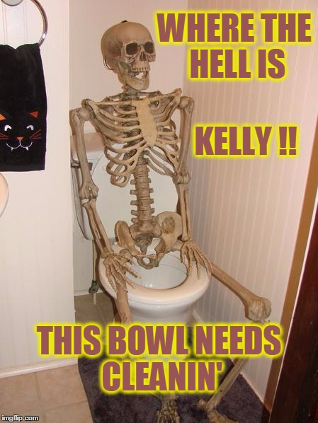 Skeleton on toilet | WHERE THE HELL IS THIS BOWL NEEDS CLEANIN' KELLY !! | image tagged in skeleton on toilet | made w/ Imgflip meme maker