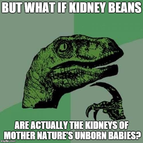 Philosoraptor | BUT WHAT IF KIDNEY BEANS ARE ACTUALLY THE KIDNEYS OF MOTHER NATURE'S UNBORN BABIES? | image tagged in memes,philosoraptor | made w/ Imgflip meme maker