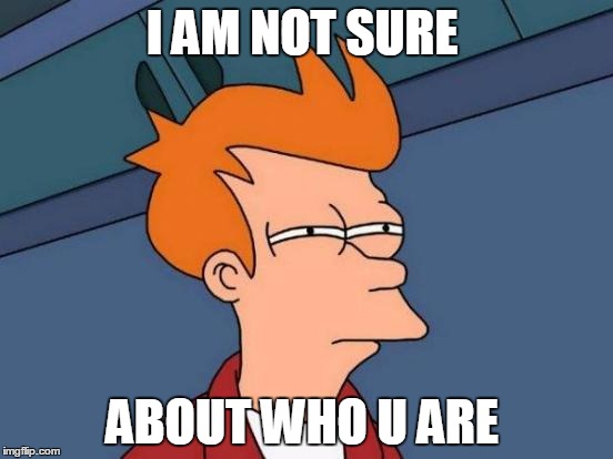 Futurama Fry | I AM NOT SURE ABOUT WHO U ARE | image tagged in memes,futurama fry | made w/ Imgflip meme maker