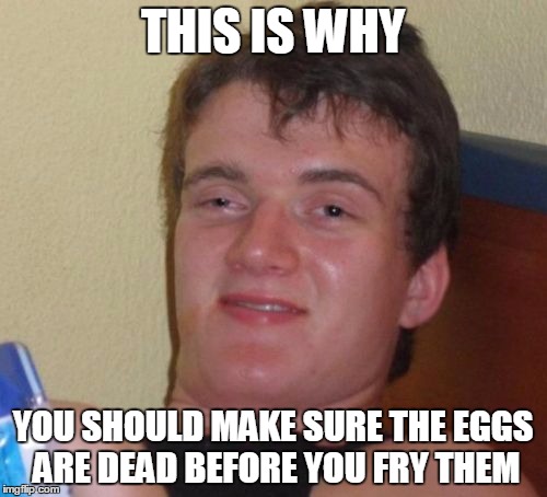 10 Guy Meme | THIS IS WHY YOU SHOULD MAKE SURE THE EGGS ARE DEAD BEFORE YOU FRY THEM | image tagged in memes,10 guy | made w/ Imgflip meme maker