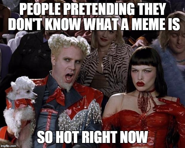 Mugatu So Hot Right Now Meme | PEOPLE PRETENDING THEY DON'T KNOW WHAT A MEME IS SO HOT RIGHT NOW | image tagged in memes,mugatu so hot right now | made w/ Imgflip meme maker