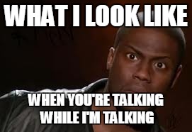 Kevin Hart Meme | WHAT I LOOK LIKE WHEN YOU'RE TALKING WHILE I'M TALKING | image tagged in memes,kevin hart the hell | made w/ Imgflip meme maker