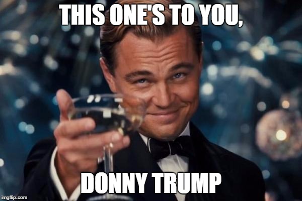 Leonardo Dicaprio Cheers | THIS ONE'S TO YOU, DONNY TRUMP | image tagged in memes,leonardo dicaprio cheers | made w/ Imgflip meme maker