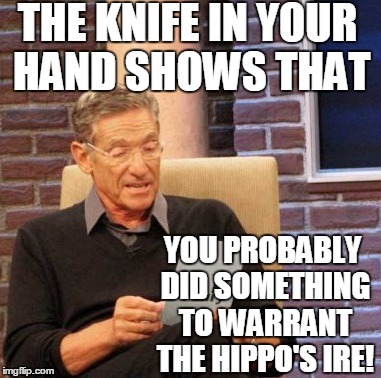 Maury Lie Detector Meme | THE KNIFE IN YOUR HAND SHOWS THAT YOU PROBABLY DID SOMETHING TO WARRANT THE HIPPO'S IRE! | image tagged in memes,maury lie detector | made w/ Imgflip meme maker