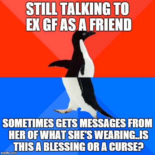 Socially Awesome Awkward Penguin | STILL TALKING TO EX GF AS A FRIEND SOMETIMES GETS MESSAGES FROM HER OF WHAT SHE'S WEARING..IS THIS A BLESSING OR A CURSE? | image tagged in memes,socially awesome awkward penguin | made w/ Imgflip meme maker