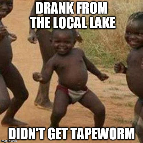 Third World Success Kid | DRANK FROM THE LOCAL LAKE DIDN'T GET TAPEWORM | image tagged in memes,third world success kid | made w/ Imgflip meme maker