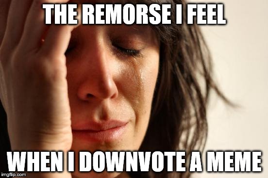 First World Problems Meme | THE REMORSE I FEEL WHEN I DOWNVOTE A MEME | image tagged in memes,first world problems | made w/ Imgflip meme maker