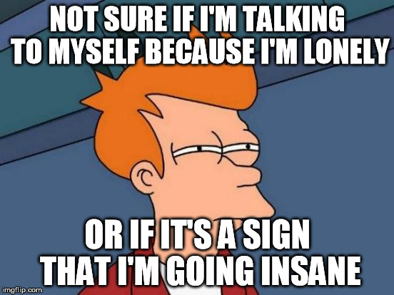 I hope it's not either of those... | NOT SURE IF I'M TALKING TO MYSELF BECAUSE I'M LONELY OR IF IT'S A SIGN THAT I'M GOING INSANE | image tagged in memes,futurama fry | made w/ Imgflip meme maker