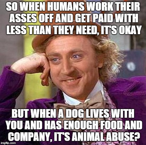 Creepy Condescending Wonka Meme | SO WHEN HUMANS WORK THEIR ASSES OFF AND GET PAID WITH LESS THAN THEY NEED, IT'S OKAY BUT WHEN A DOG LIVES WITH YOU AND HAS ENOUGH FOOD AND C | image tagged in memes,creepy condescending wonka | made w/ Imgflip meme maker