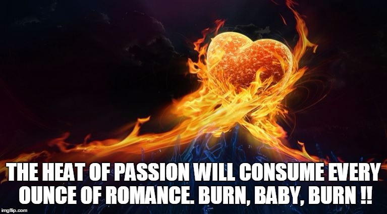 Heat Of Passion | THE HEAT OF PASSION WILL CONSUME EVERY OUNCE OF ROMANCE. BURN, BABY, BURN !! | image tagged in memes,romance,passion | made w/ Imgflip meme maker